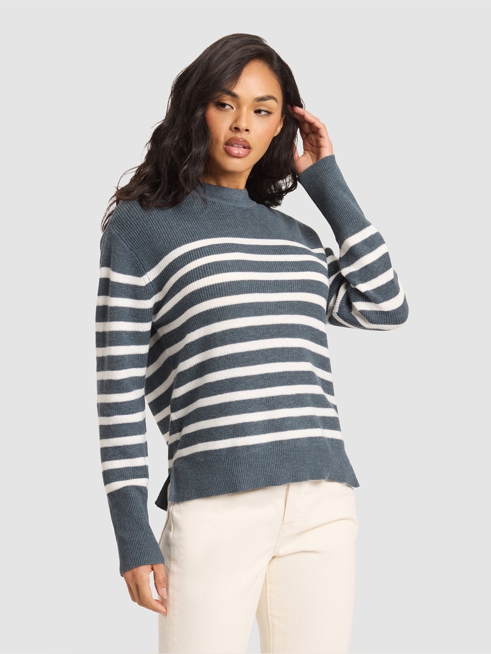 Cozy Earth Rowan Sweater Large Dawn Bone Stripe Cotton Blend Knit Side Vent